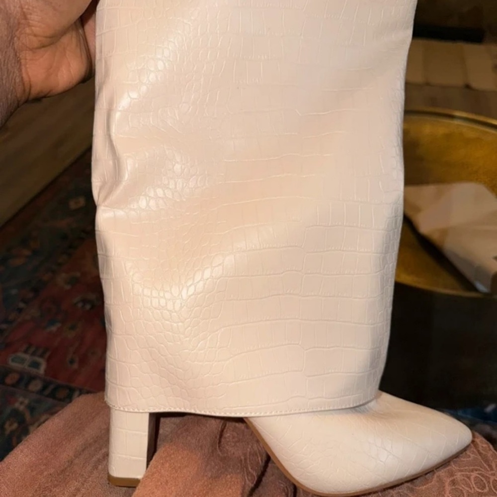 Zara Cream Faux Croc Knee-High Block Heel Boots